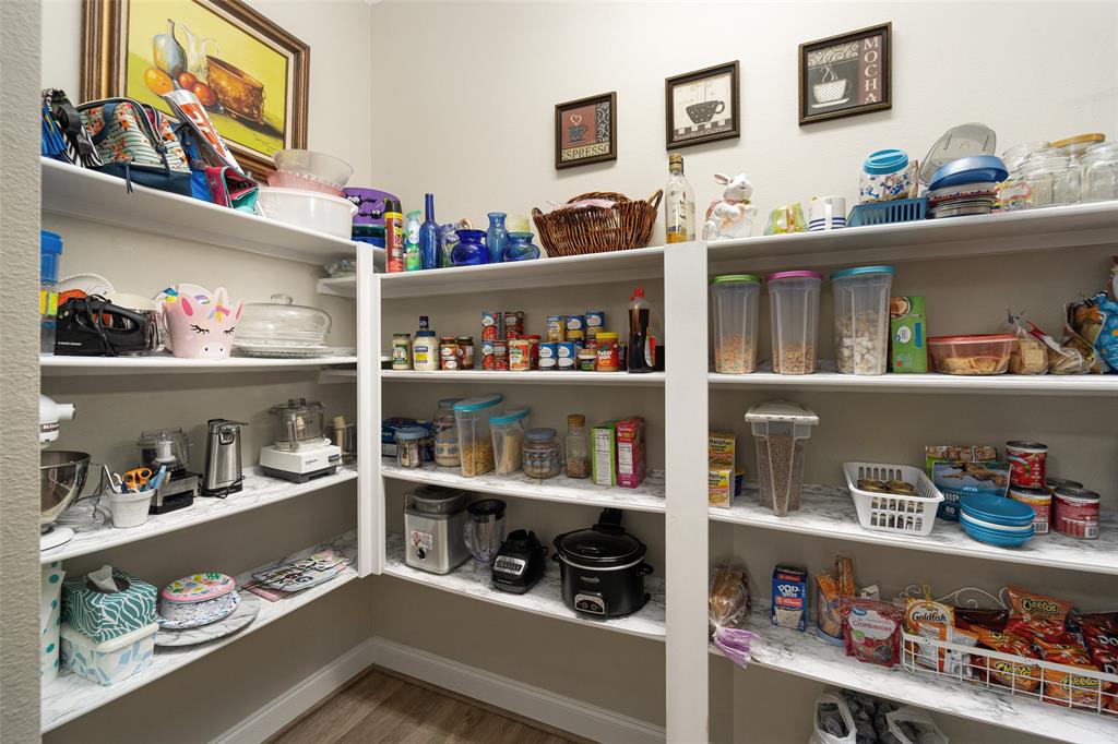 Spacious walk in pantry with custom barn door