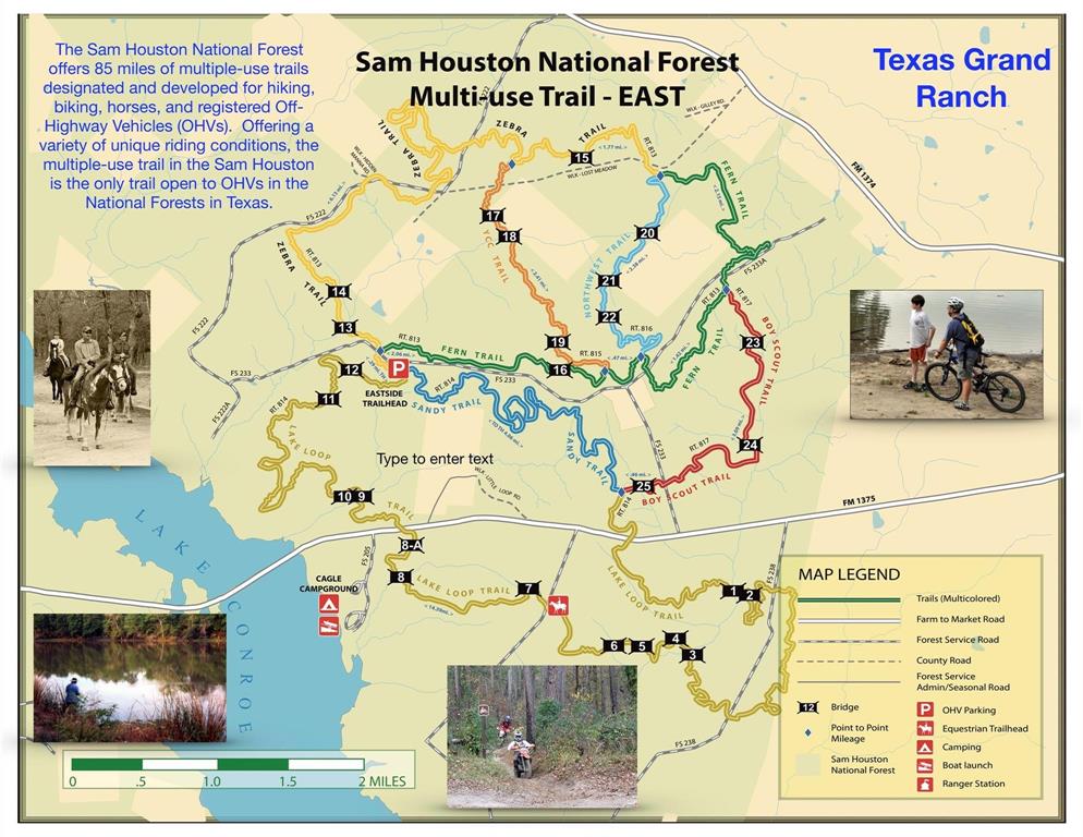 Here\'s a map of Sam Houston National Forrest\'s multi-use trails for engaging in outdoor activities.