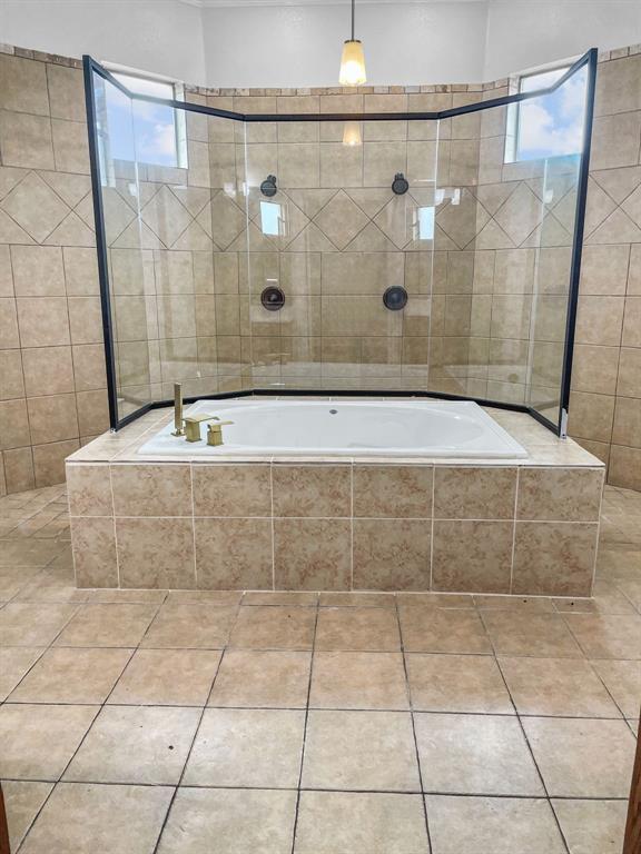 Primary Ensuite Bathroom featuring ornamental molding, shower with seperate jetted bathtub and tile floors