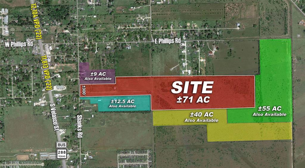 PROPERTY HIGHLIGHTS:
• ±300 feet of frontage on Shanks Rd
• ±17 acres within Angleton city limits
• ±53 acres outside the city limits in Angleton ETJ
• Approximately 2 miles from SH-288
• Located within Angleton ISD, ±1 mile south of Southside Elementary
• No Floodplain
• City Utilities