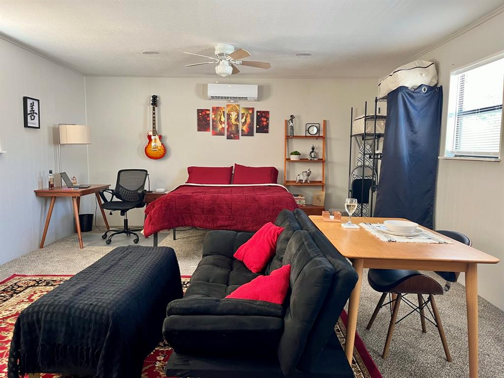 Spacious studio has enough room to accommodate a queen bed, living/dining area, kitchen and bathroom.