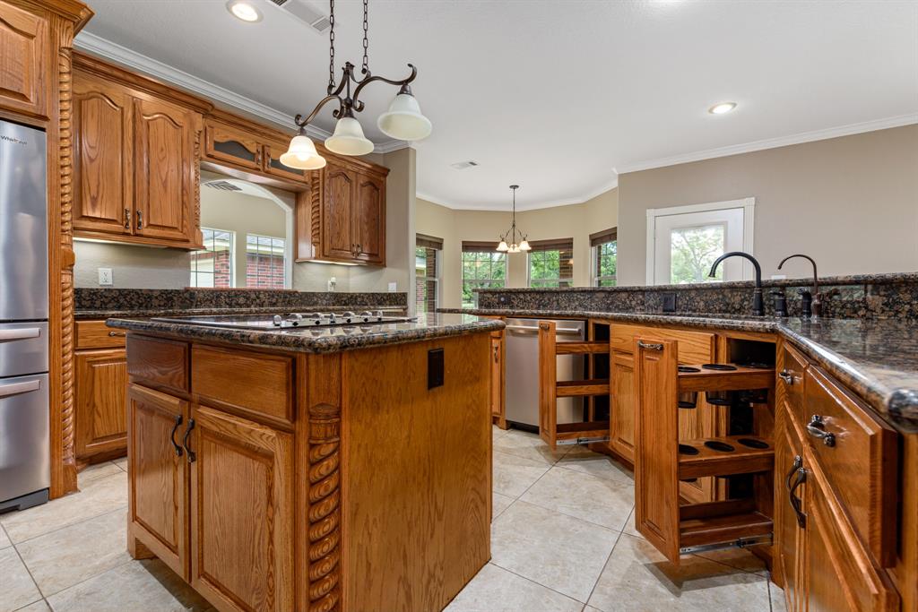 A closer view of the gleaming granite and stainless appliances. Island storage and ample space in this large gourmet kitchen to store all of your culinary tools. Note the custom built in pullouts for easy access.