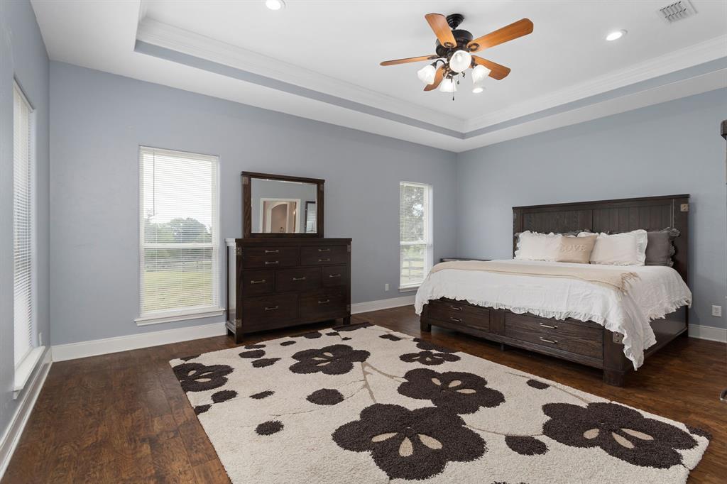 Primary bedroom features wood like vinyl flooring, tall baseboards & tray ceiling with ceiling fan and canned lighting.