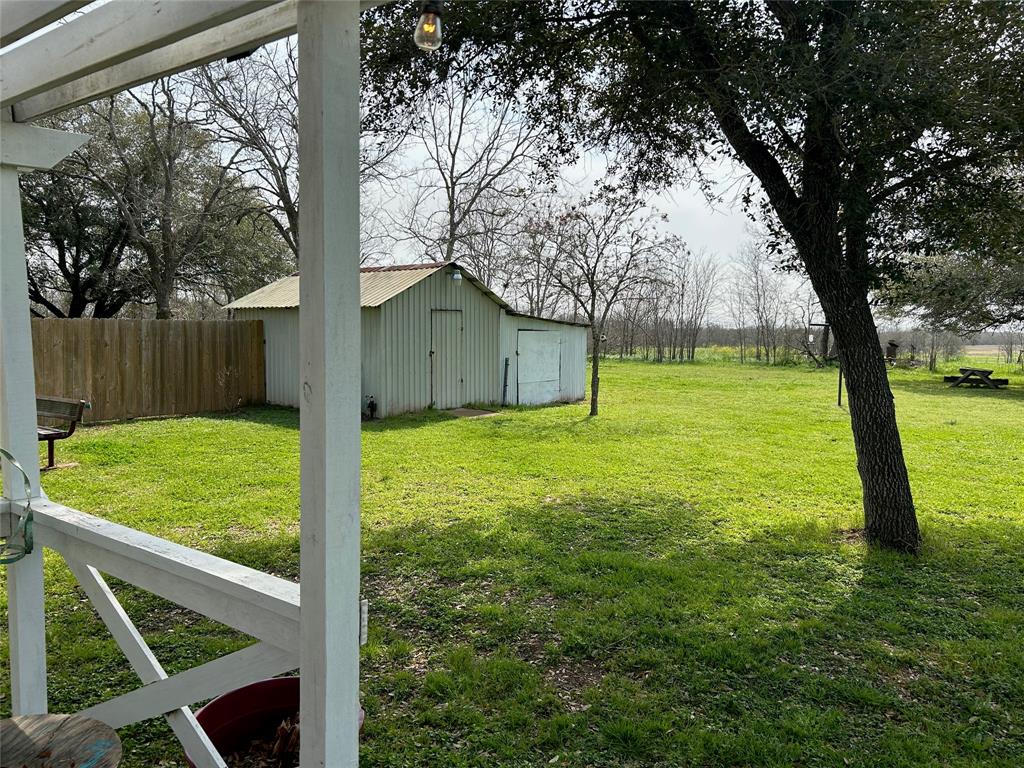 A lush green backyard with a metal shed, wooden fence, and a picnic table under a tree, viewed from a porch with a lightbulb.