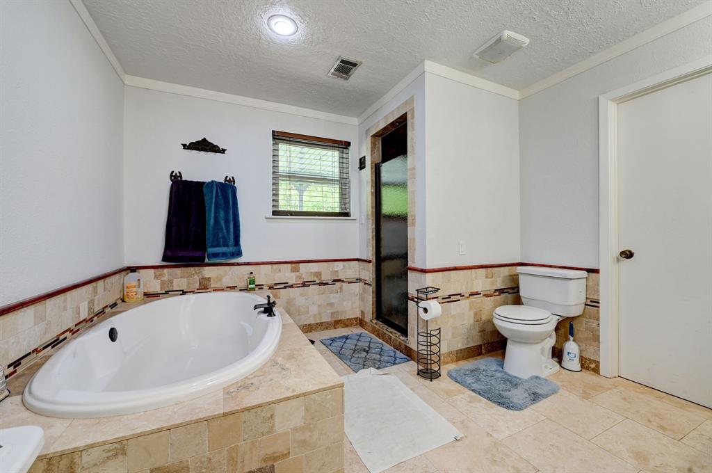 Primary bathroom with separate tub and shower and large closet.