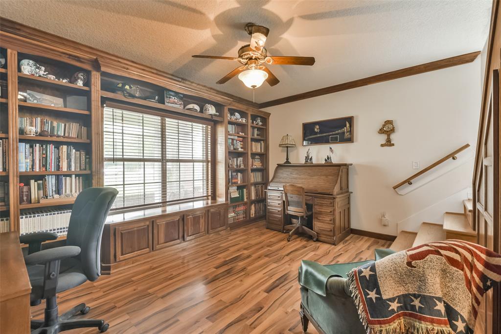 Downstairs study with custom built-in bookcase