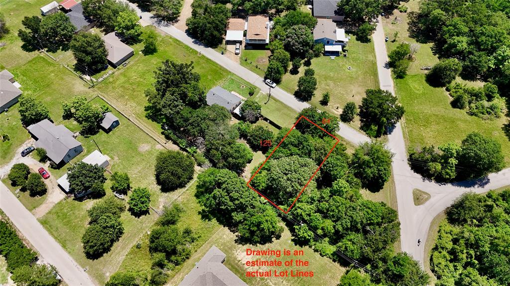 This aerial view shows the location and approximate lot lines.