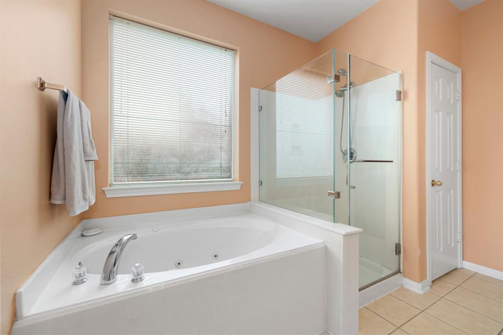 This additional view of the primary bath showcases a walk-in shower with tile surround and a separate garden tub perfect for soaking after a long day.