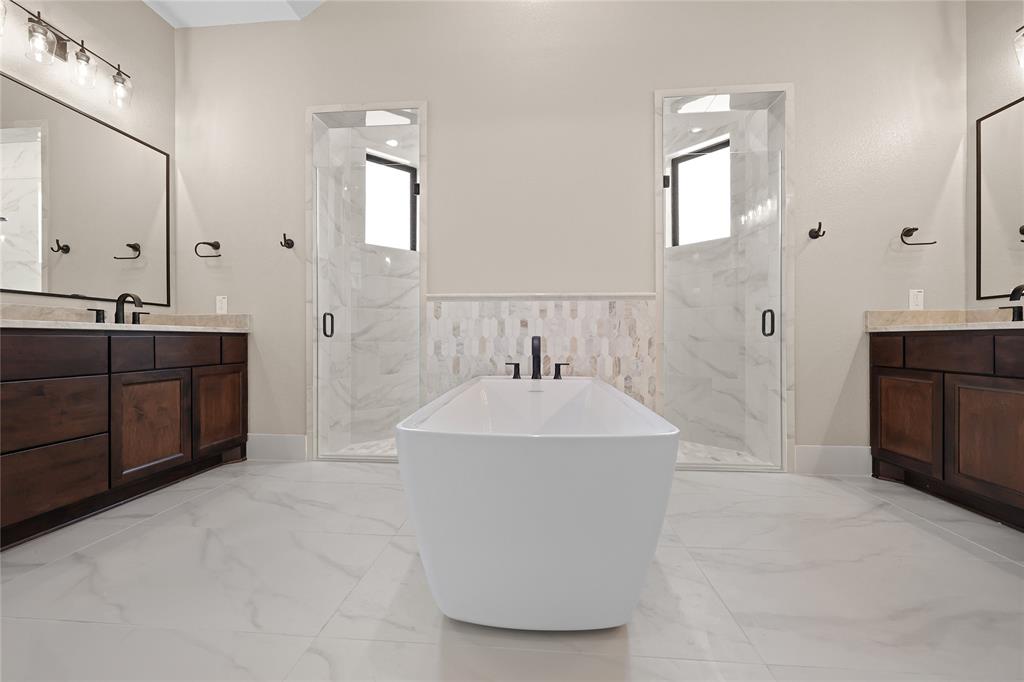 Updated picture as of May 25th: Reverse view of this spa bath with custom ceiling beams and dual vanities.