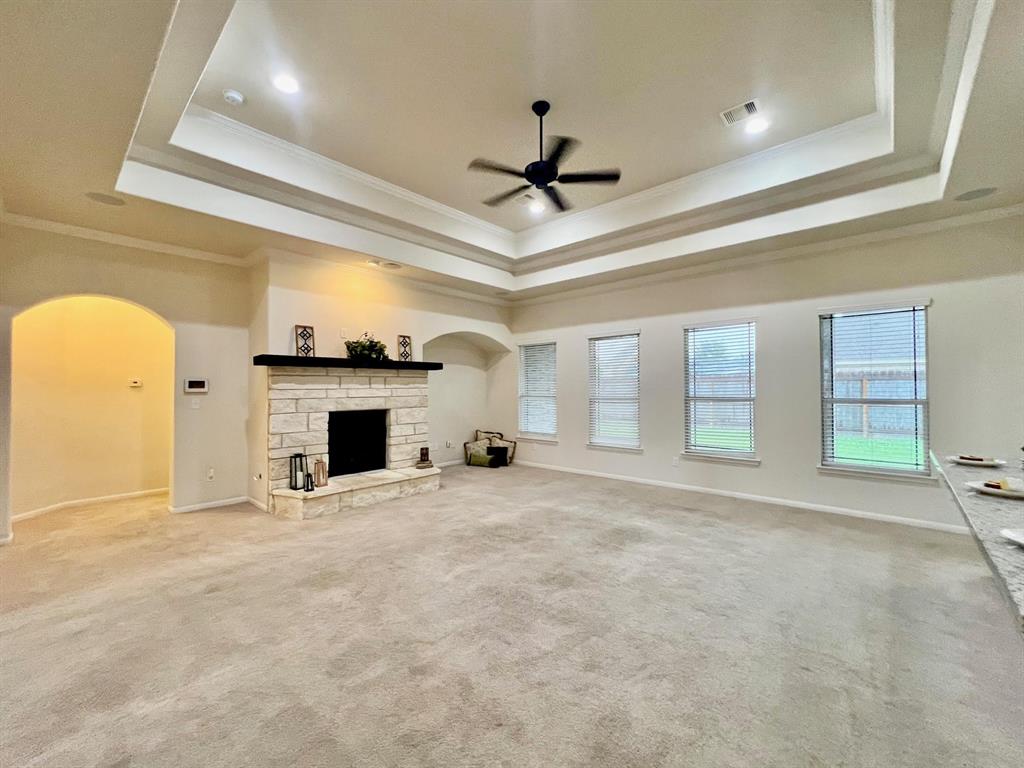 A view of the living room from the kitchen.