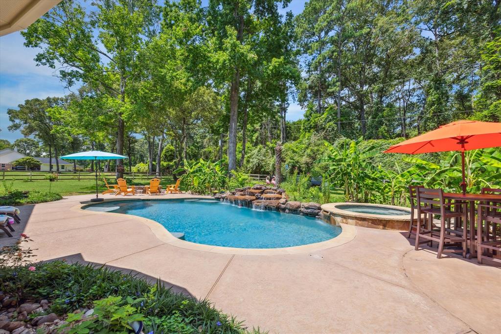 A serene backyard with a large pool, sun loungers, colorful umbrellas, lush trees, a hot tub, and a dining area in a sunny setting.