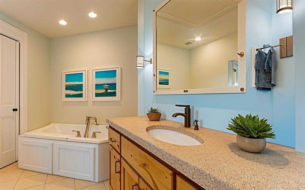 The master bathroom is a private retreat with a spa tub and separate shower ensuite.