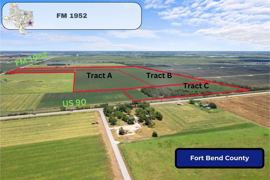 TRACT C - PRIME 14.57 acre Ag Exempt tract to be sold together with the adjacent tracts labeled Tracts A and B in the photos totaling 141.44 acres in western Fort Bend County and zoned to Brazos ISD!   Being 100% OUT OF THE FLOOD PLAIN (Flood zone X per FEMA flood maps) and offering approximately 700 feet of road frontage on FM 1952 that connects Hwy 90 and Hwy 36, this property offers tremendous potential for residential, commercial or industrial development. Schedule a private tour today!