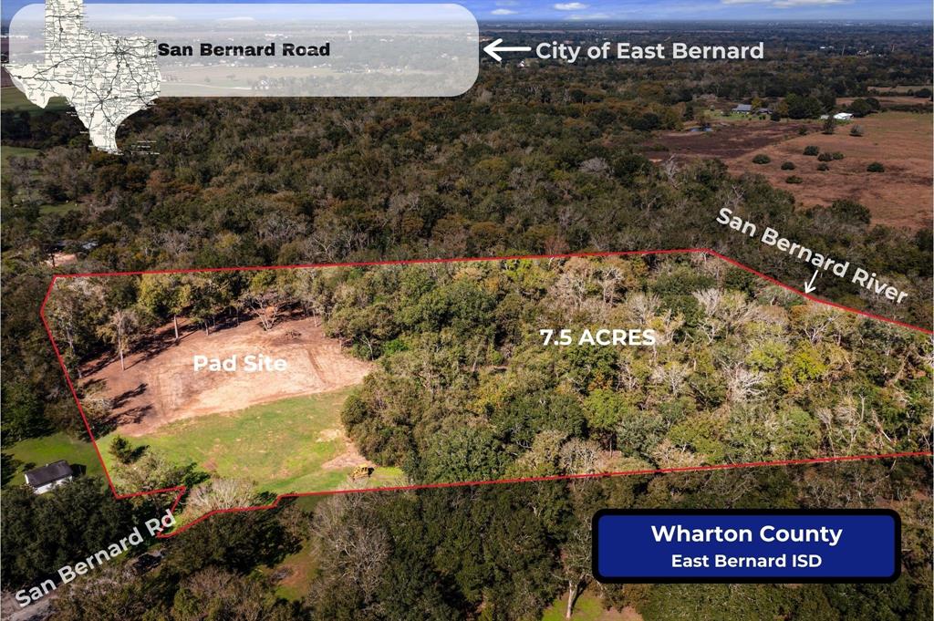 Build your dream home and enjoy peaceful country living on this gorgeous 7.5 acre tract zoned to East Bernard ISD! This wooded property is located at the end of a dead-end-street, features multiple mature trees, and 750 feet of San Bernard River frontage! Some underbrush has been selectively cleared, and a pad site for your dream home has already been prepared. Don't miss all this great property has to offer! Schedule your private tour today!