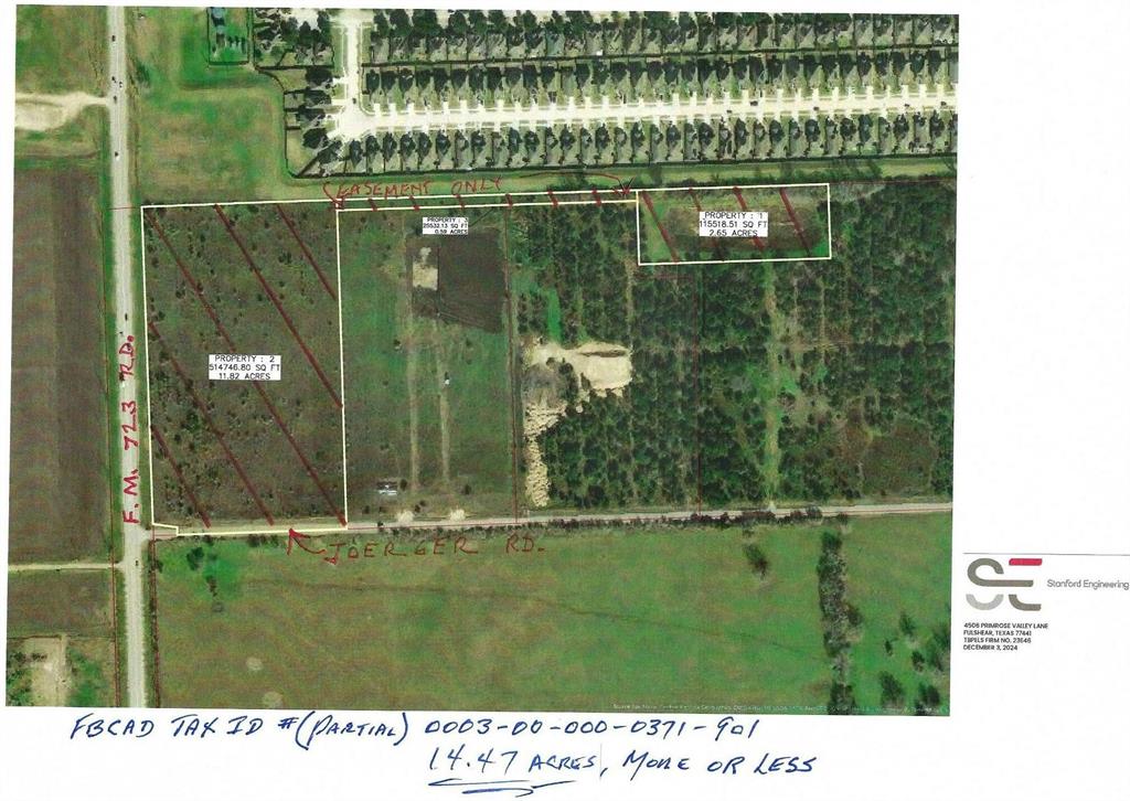 INVESTORS or END USER, UNRESTRICTED 14.47 acres, more or less, with FM 723 Frontage (approximately 929 feet). This is the West 11.82 acres, more or less, and an additional 2.65 acres of FBCAD 0003-00-000-0371-901. There is also a .59 acre, more or less, drainage easement. Parcel will be conveyed by metes and bounds.  TXDOT is currently expanding FM 723 to four divided lanes with a sidewalk on each side. Currently under an Agricultural Exemption for a Live Oak tree farm. Great location for COMMERCIAL USE, high visibility. Property is in the 100 year floodplain. Owner will consider dividing.