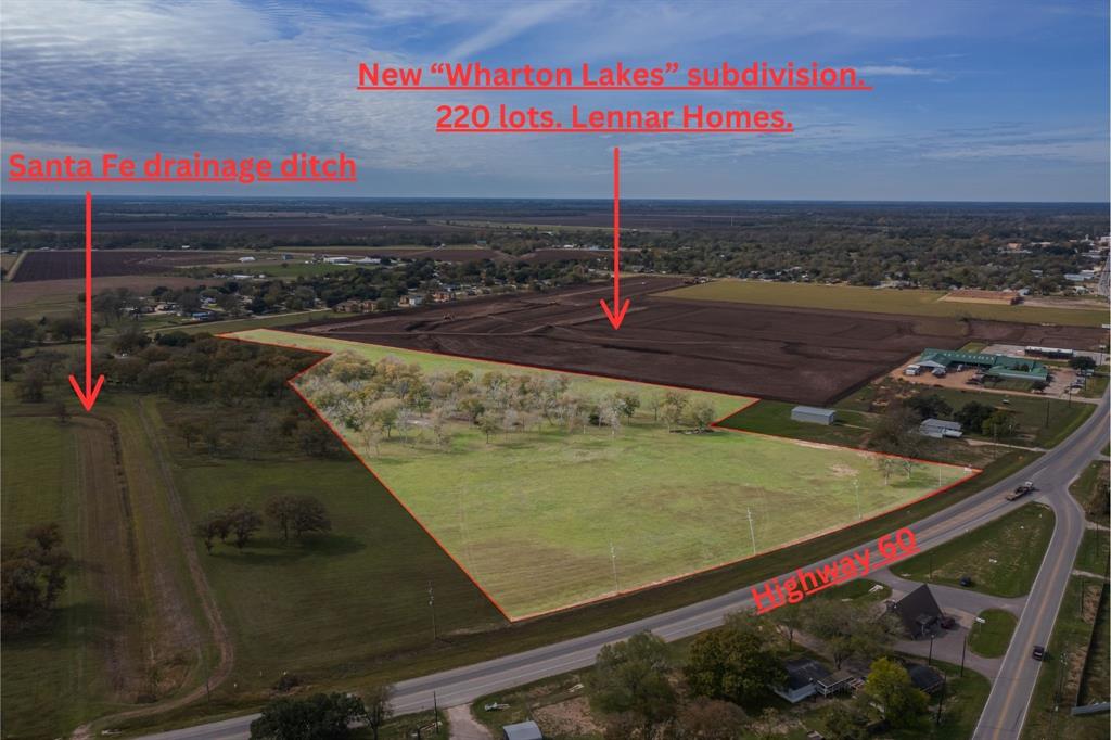 This 19.95 +/- acre tract primed for residential development is within the City of Wharton ETJ and is adjacent to the new 220 lot Wharton Lakes subdivision that is currently being developed. The Wharton Lakes subdivision site map (see photos) reflects a "stub out" dedicated easement along Wharton Lakes southeast boundary allowing city utilities (water & sewer) into the property. The county maintained Santa Fe drainage ditch is 150 +/- feet away from the southeastern boundary. This tract is 19.95 acres to be divided out of the 21.7679 acres identified in Wharton County Central Appraisal District property ID # 71617. The seller has NOT legally divided any of the original 21.7679 acres and will consider dividing the property differently than is currently being proposed. Don't miss all this great property has to offer!