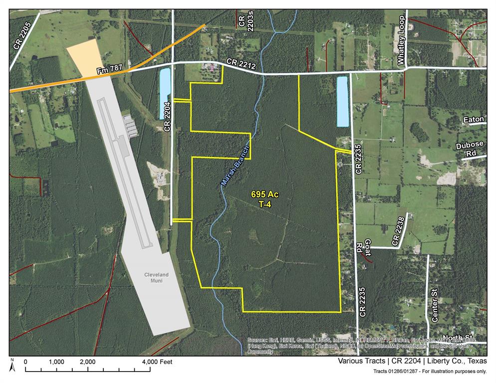 Cleveland development/recreation tract adjoining the Cleveland Municipal Airport. Good access fronting CR 2204 and CR 2212. Very close to FM 787 and minutes to US 59. Heavily wooded in pine plantations with hardwood along creek drain. 1st time open market offering!