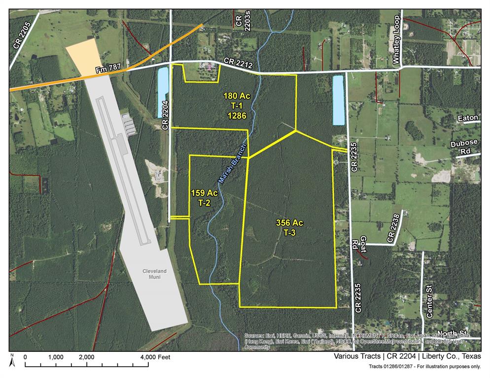 Cleveland development/recreation tract adjoining the Cleveland Municipal Airport. Good access fronting CR 2204 and CR 2212. Very close to FM 787 and minutes to US 59. Heavily wooded in pine plantations with hardwood along creek drain. 1st time open market offering !