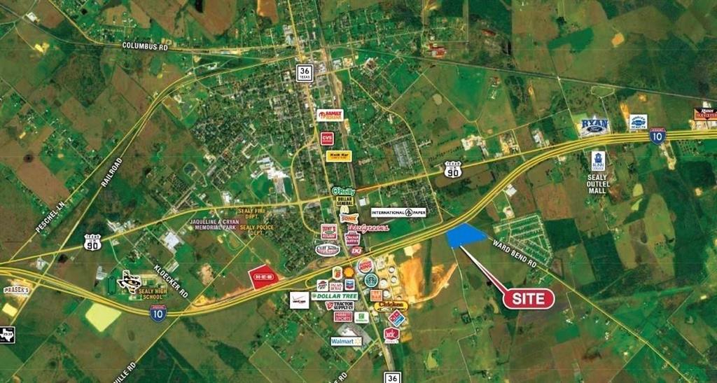 Next to Main Highway I-10 and near Sealy Center. Direct access to the property from Outlet Center Drive EXIT from I-10. Just 15 mins from Katy, TX. 640 Feet of property on I-10 Access Road and High Visibility.
12.06 ACRES COMMERCIAL PROPERTY LOCATED AT THE CORNERS OF WARD BEND ROAD, KIRSTEN ROAD AND OUTLET CENTER DRIVE. ALL CITY UTILITIES AVAILABLE. 3 SIDES ROAD.
Interstate-10 52,300 VPD