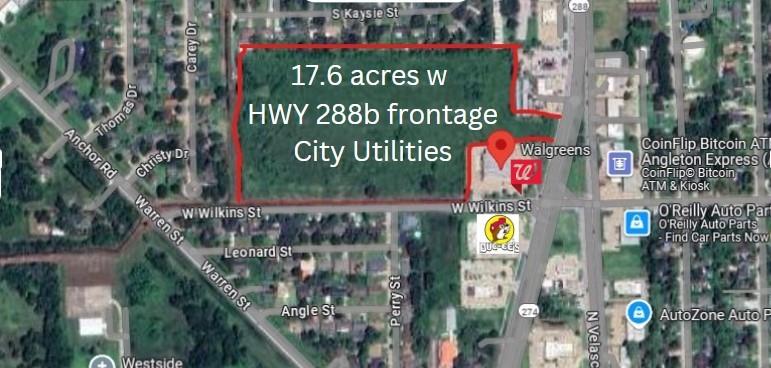 Don't miss this unique opportunity to own prime Commercial acreage with Highway frontage. This expansive big land of 17.6 acres offers a huge discount from its appraised value. Situated next to Walgreens, this property is ideal for a restaurant, medical center, or business suites. City of Angleton Water and Sewer are already in place, making development convenient. The motivated seller is eager for a quick sale, presenting a great chance to invest in a property with great potential.