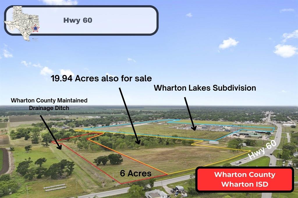 This 6 acre tract primed for residential development is within the City of Wharton ETJ and is close to the new 220 lot Wharton Lakes subdivision that is currently being developed. The county maintained Santa Fe drainage ditch is adjacent to the southeastern boundary. On the opposite boundary is approximately 19.95 +/- acres also for sale.  Don't miss all this great property has to offer!