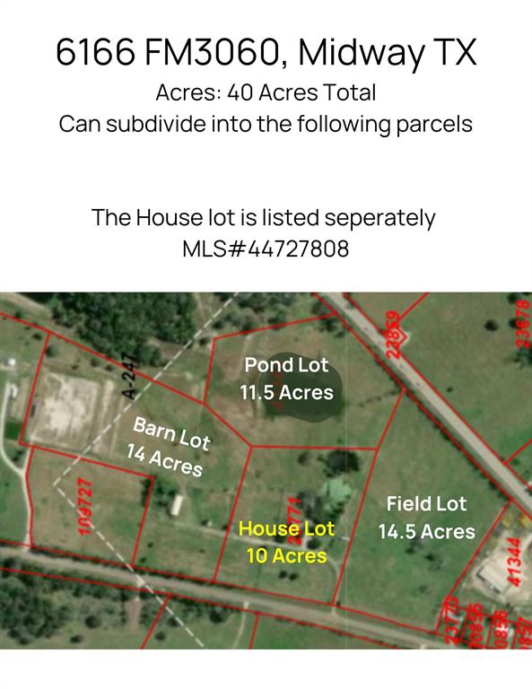 Rare 40-acre tract of unrestricted, Ag Exempt land in Madison County—just east of Madisonville’s Buc-ee’s and minutes from I-45, offering seamless access to both North Houston and the DFW metroplex. This property has existing barn on it. This could be a perfect escape for those wanting to carve out a private retreat away from the urban grind without straying too far from the city, a local looking for more room, or perhaps a small start up business. Whether for business or leisure, this property is a blank canvas loaded with opportunity and Ann existing barn. Don't miss the chance to own this aggressively priced one of a kind lot perfect for nearly any vision. Will subdivide, pics for reference. Home on 10 acres:MLS#44727808

Additional Acerage is available for purchase adjacent to this property (same owner) possessing two sided road frontage, a home on 10 acres, and approximately 11 acres with beautiful stocked pond. Please see MLS:59099870, 6416525, 44727808