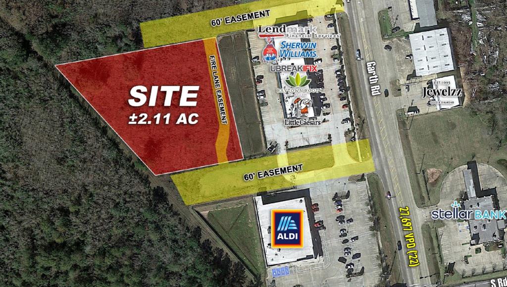 PROPERTY HIGHLIGHTS:
• 1 mile south of I-10 along Garth Road, the major retail hub in Baytown, Texas
• Has two points of access already constructed to the site from Garth Road with signage rights
• Near major national retailers
• Near hospital
• City Utilities with easements in place to serve the site
• Drainage easements in place
• No floodplain issues